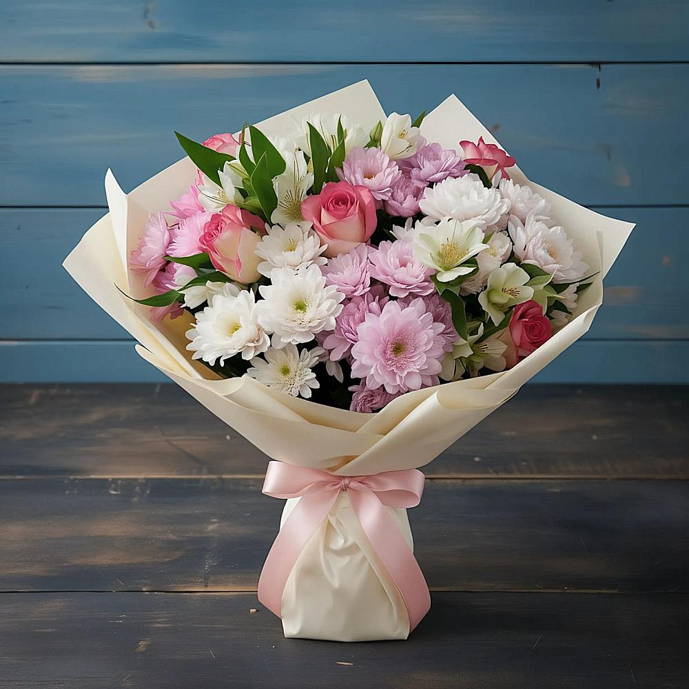 Букет цветов из: Хризантемы, Альстромерии и Розы в Шебалино